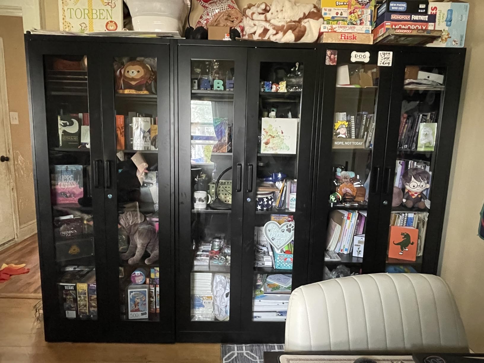 PEUKC Display Cabinet with Glass Doors, 71 Inches Metal Display Case with 4 Adjustable Shelves, Curio Storage Cabinet with Lock for Home, Office, Book, Pantry, Assemble Required (Wood Color) customer photo 1