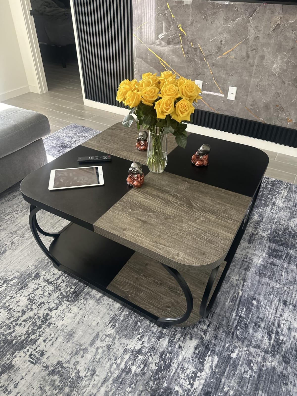 Tribesigns Square Coffee Table with 2 Tiers, 40 inches Low Farmhouse Coffee Table with Wood Storage Shelf Heavy Duty Metal Curved Frame for Modern Living Room, Black Rustic Brown customer photo 2