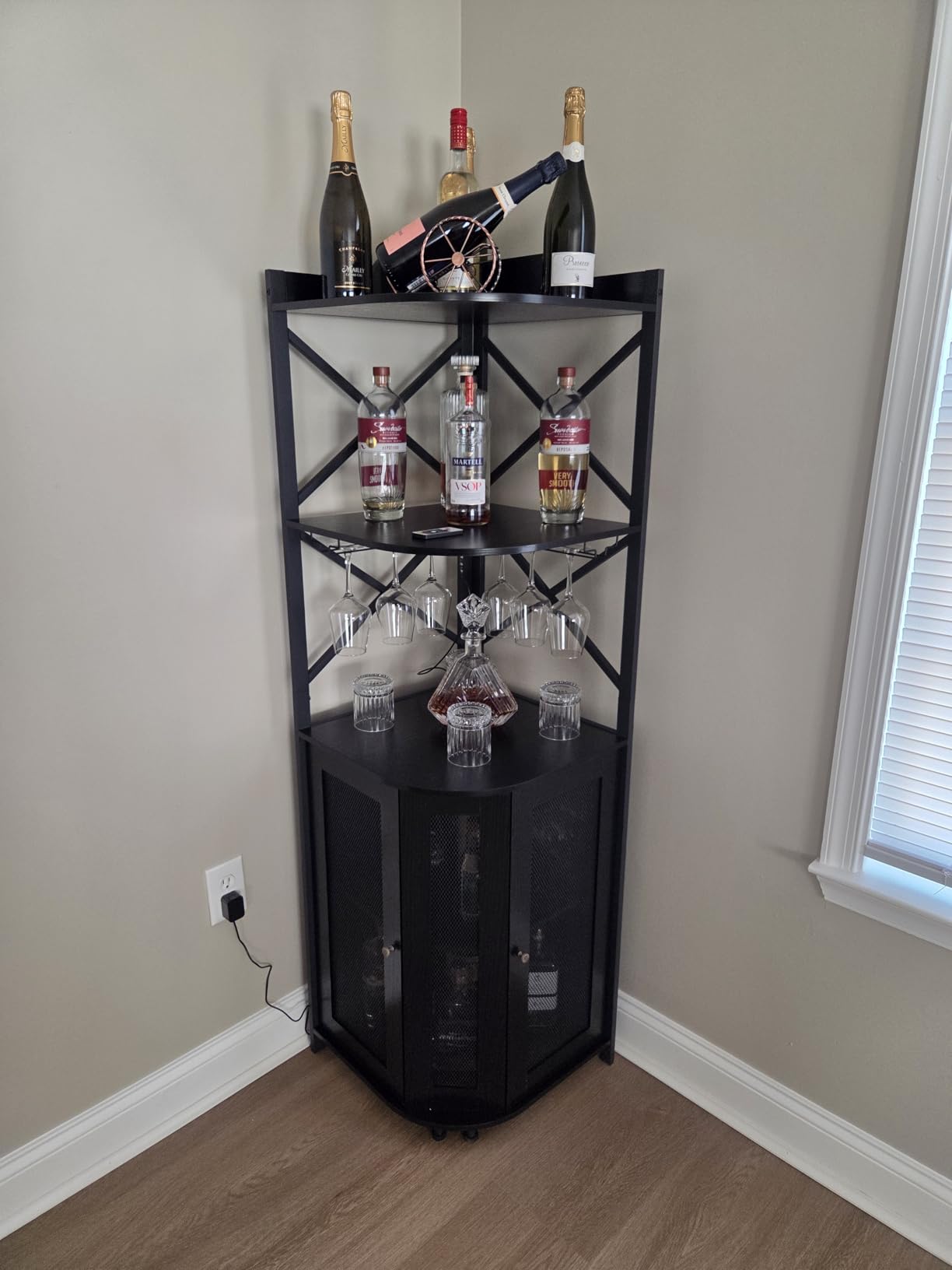JKsmart Corner Bar Cabinet with LED Lights, 5-Tier Industrial Wine Bar Cabinet with Glass Holder, Farmhouse Liquor Cabinets with Shelf and Door, Home Bar for Coffee Bars, Rustic Brown customer photo 1