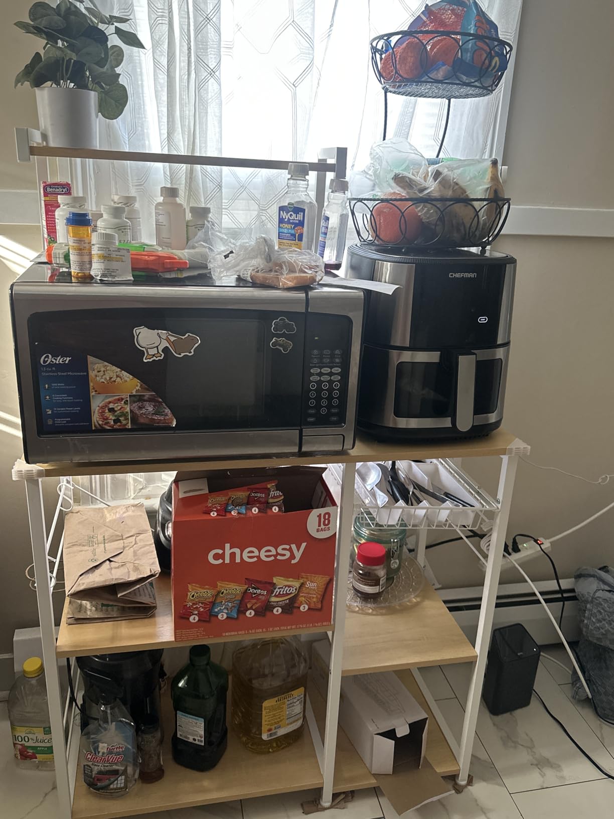 VASAGLE Baker's Rack, Microwave Stand, Kitchen Storage Rack with Wire Basket, 6 Hooks, and Shelves, for Spices, Pots, and Pans, Golden Oak and Cloud White UKKS035W09 customer photo 2