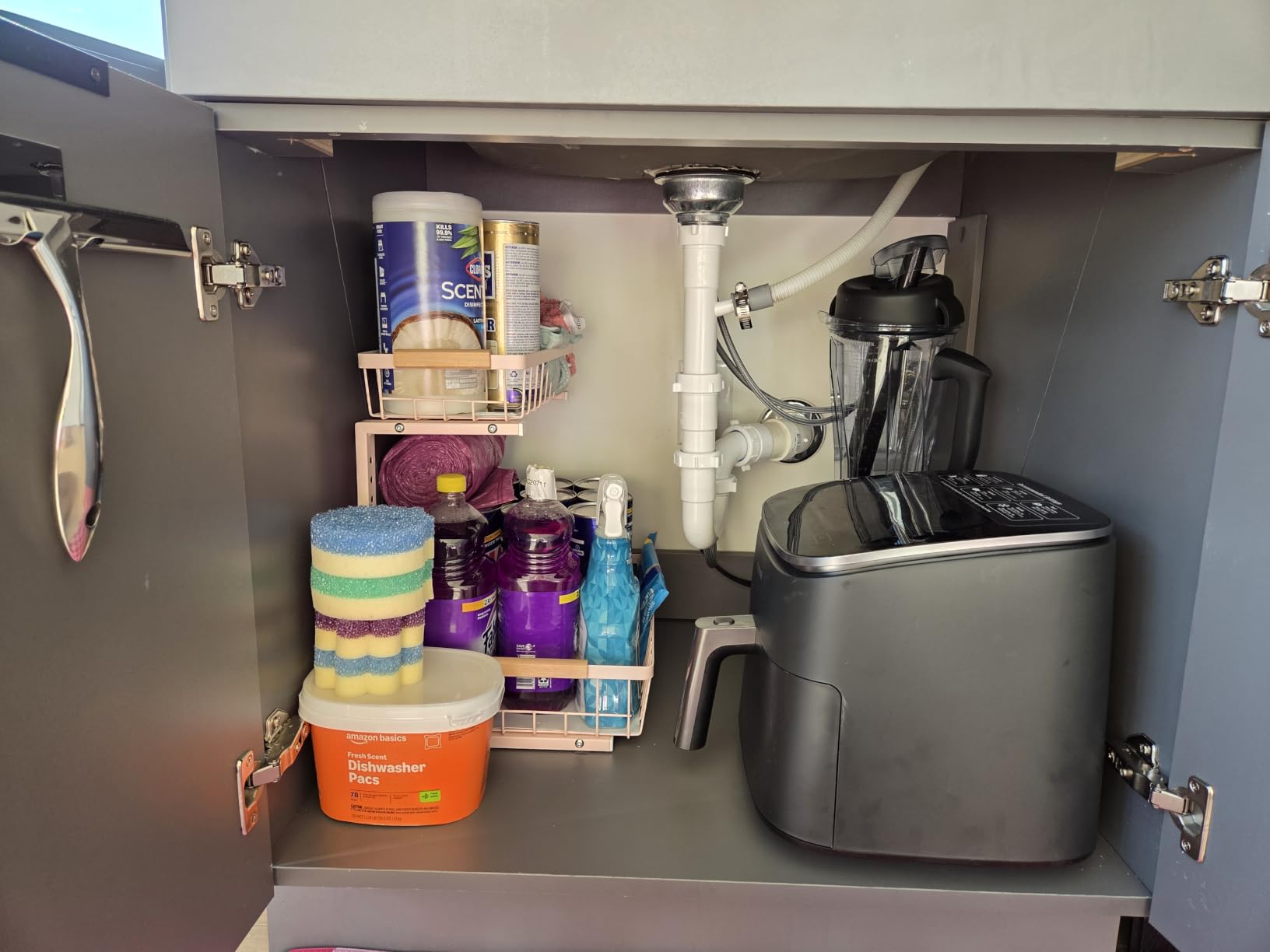Kitstorack Under Sink Organizer, 2 Tier Under the Sink Storage, Slide out Pull out Cabinet Organizer Shelf, Metal Sliding Drawer for Kitchen Bathroom Pantry Closet Organization Rack, Black, 2 Pack customer photo 2