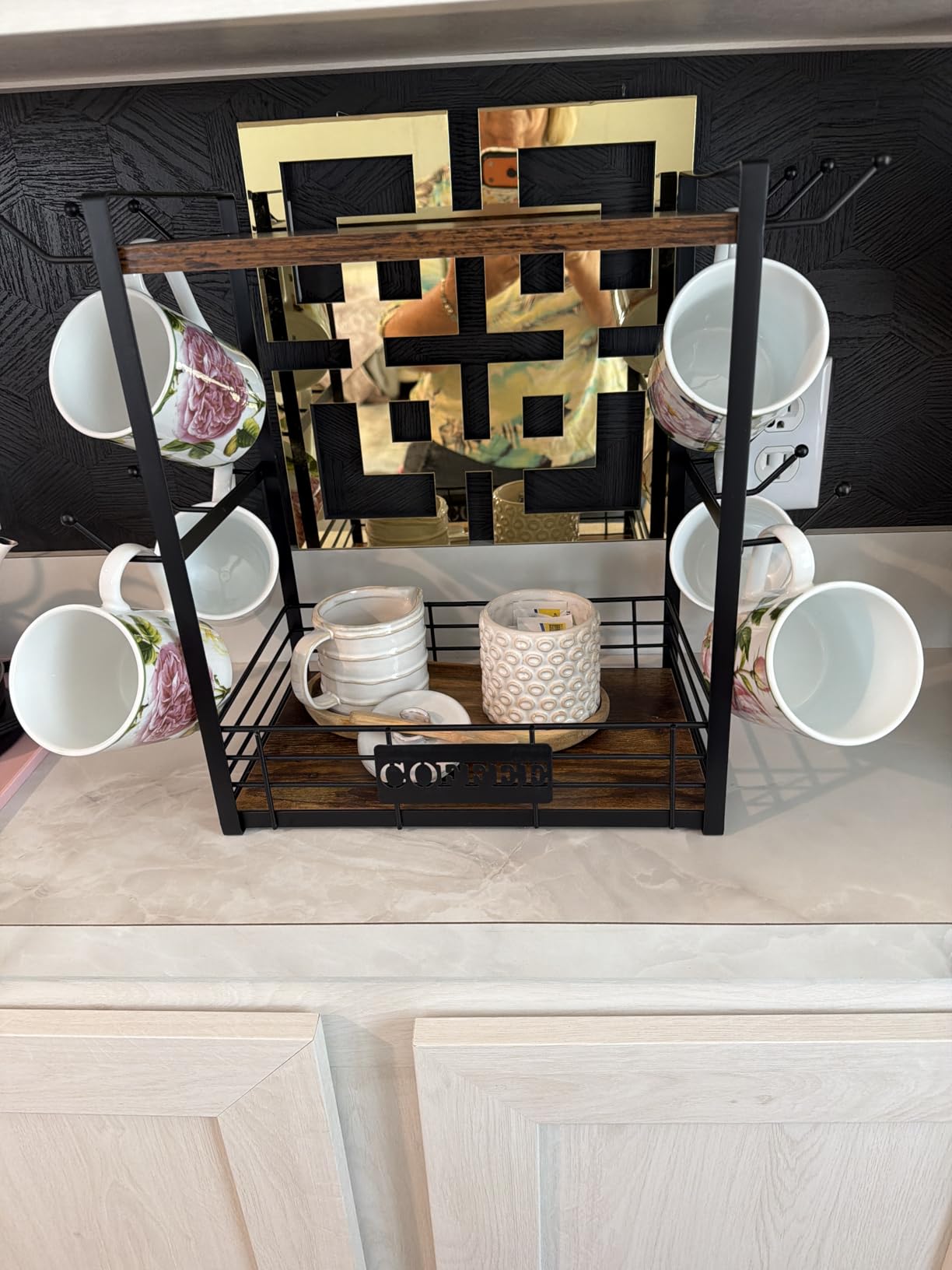 EsLuker.ly Coffee Mug Cup Holder Tree Bar Station Organizer, 2 Tier Mug Stand Rack for Countertop Kitchen, Storage Tower Display Shelf with 12 Hooks, Coffee Nook Enhancer, Vintage Brown Black customer photo 1