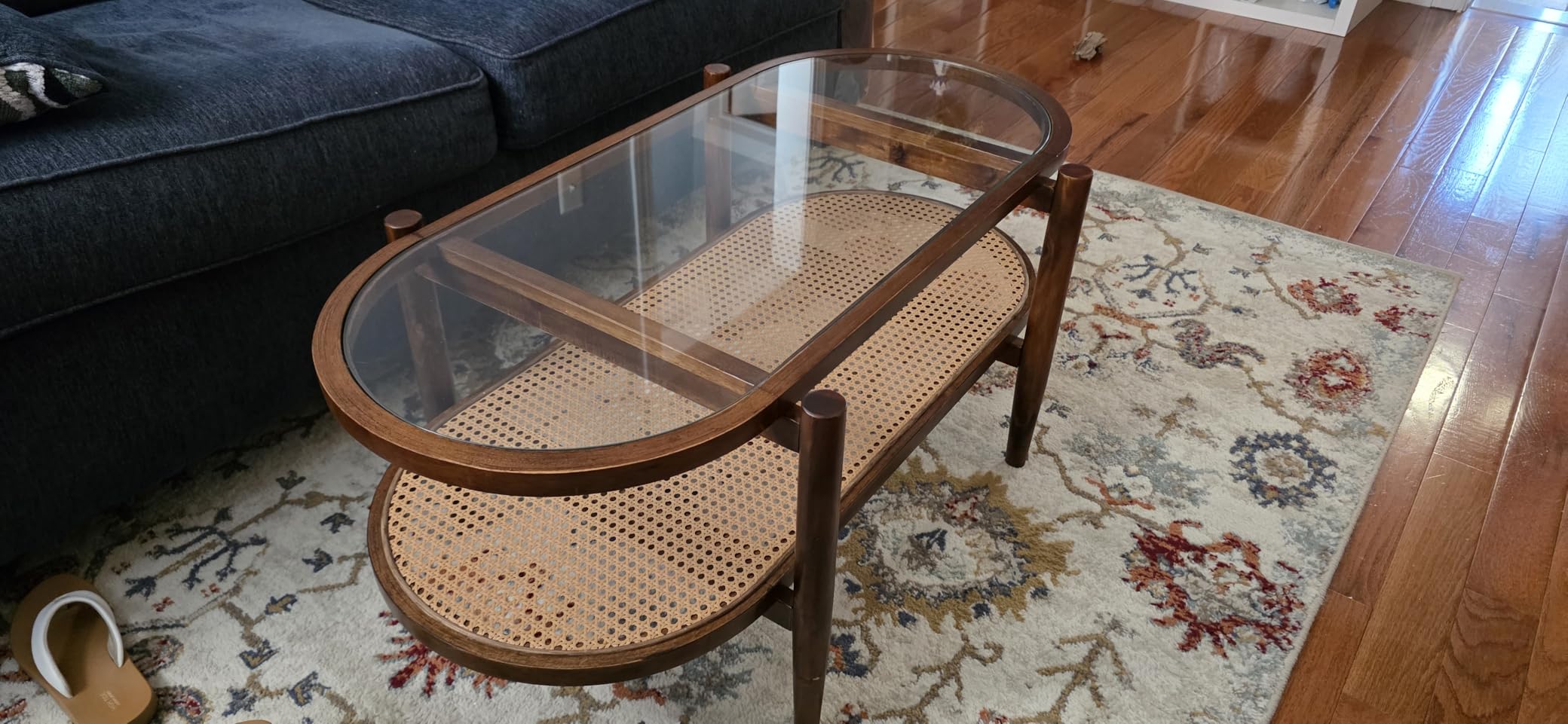 GIANTEX Rattan Coffee Table, 2-Tier Oval Acacia Wood Tea Table w/Tempered Glass Tabletop & PE Rattan Storage Shelf, Boho Cocktail Tables, Mid Century Modern Center Table for Living Room Office, Brown customer photo 2