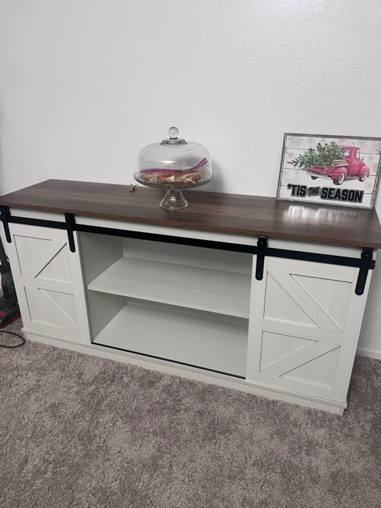 Shahoo Farmhouse Sideboard Buffet Cabinet, Coffee Bar Storage with Sliding Barn Doors, Shelf for Home Dining Room, White customer photo 1
