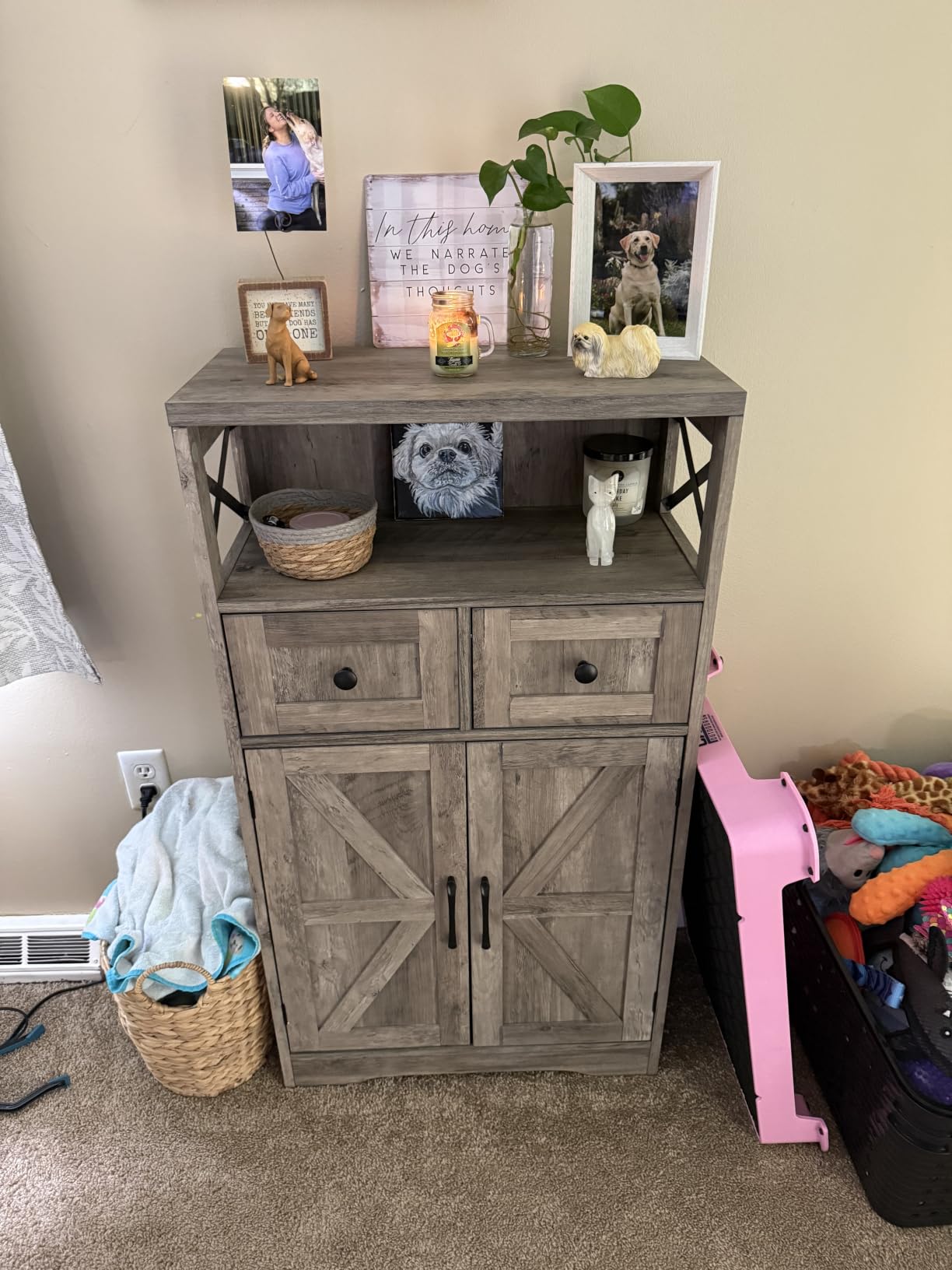 Farmhouse Storage Cabinet with Drawers, Small Kitchen Pantry Cabinet, White | Accent Coffee Bar Cabinet Cupboard, 2 Drawers, 2 Barn Doors & Adjustable Shelves, for Kitchen/Entryway/Living Room/Bathroom customer photo 2