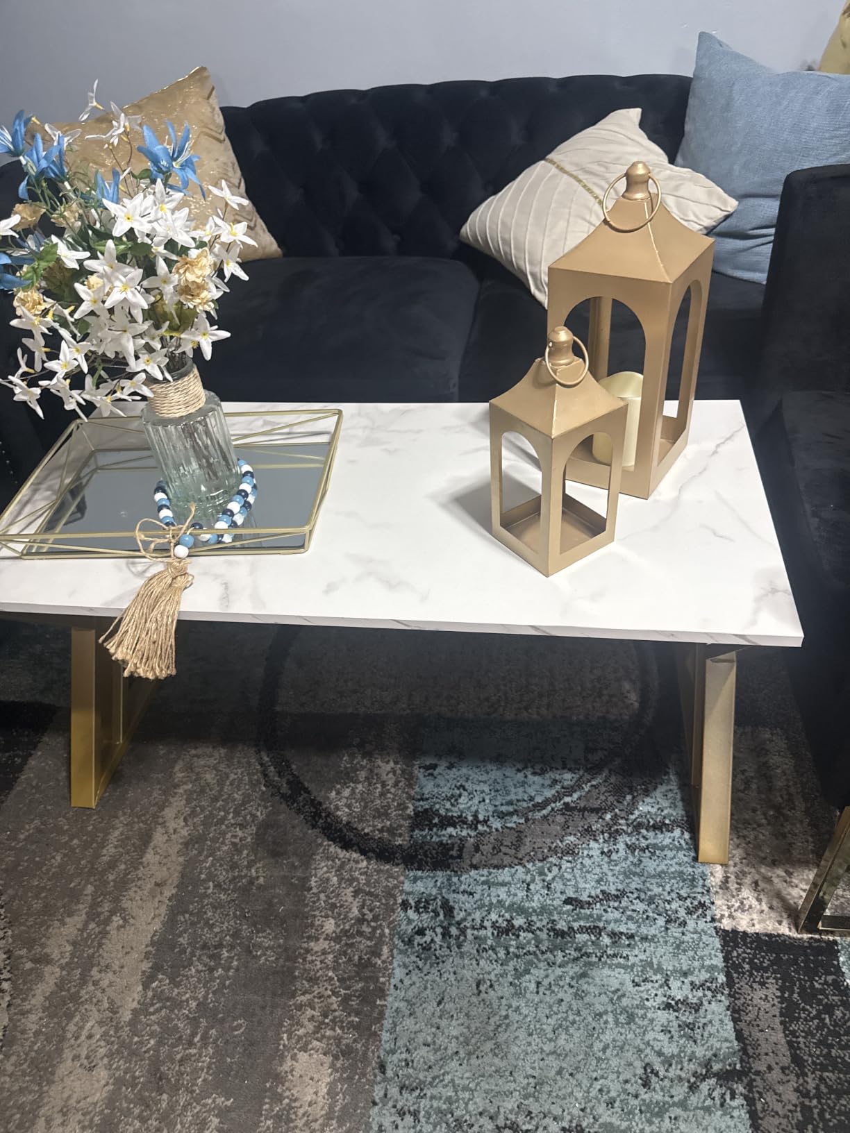 Wolawu Coffee Table Living Room Table White Center Table, Simple Modern Faux Marble Rectangular Tea Tables with Sturdy Gold Metal Frame,Industrial Wooden Coffee Table for Bedroom Home Office customer photo 1