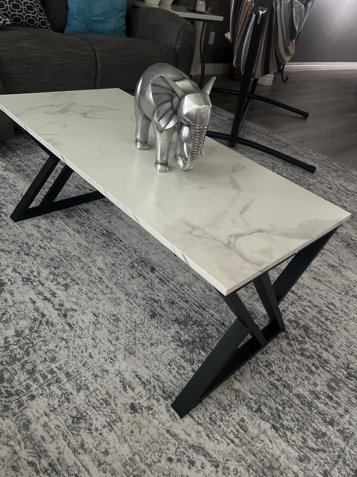 Wolawu Coffee Table Living Room Table White Center Table, Simple Modern Faux Marble Rectangular Tea Tables with Sturdy Gold Metal Frame,Industrial Wooden Coffee Table for Bedroom Home Office customer photo 2