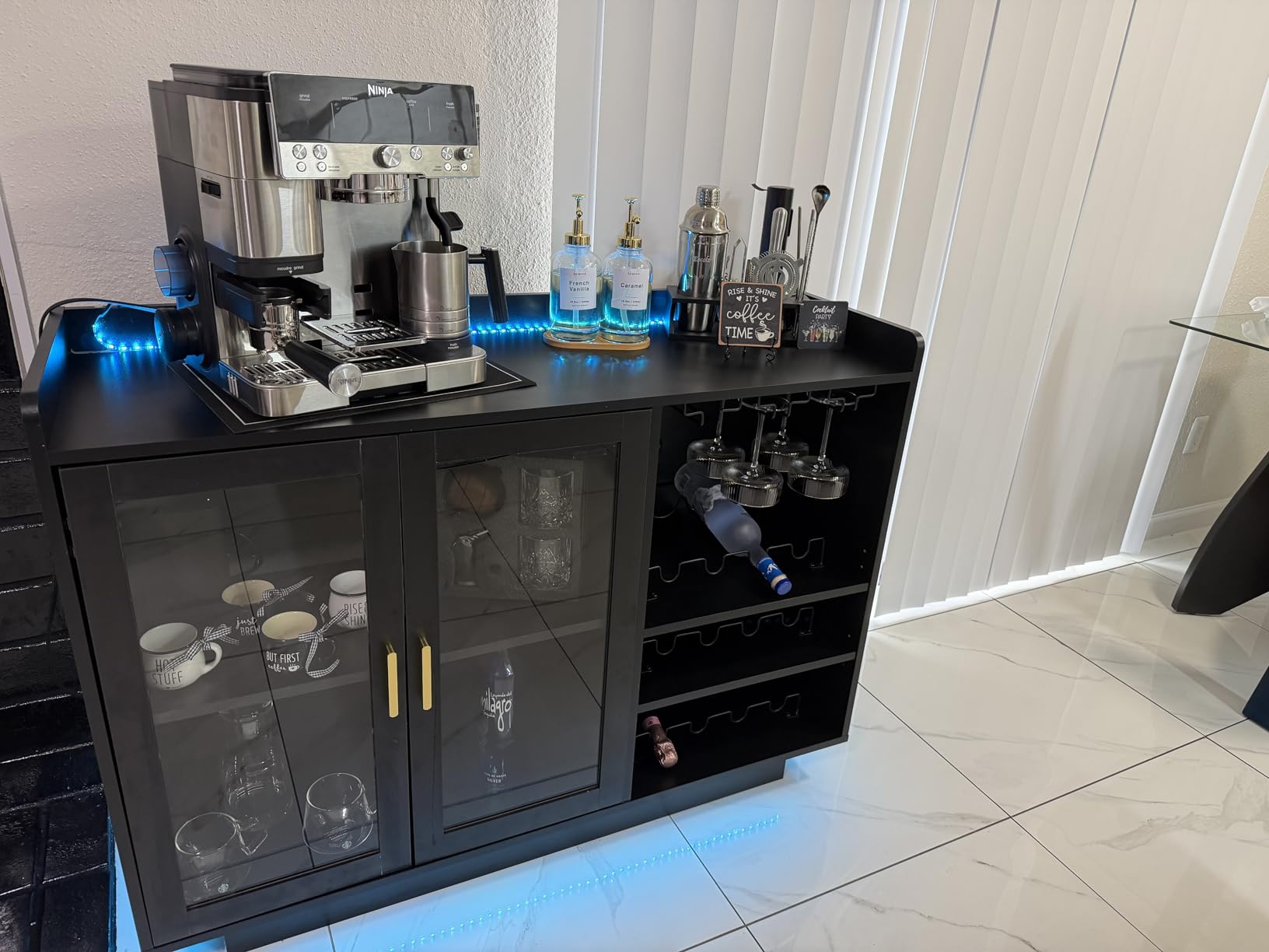 Loomie Wine Bar Cabinet with LED Lights, Floating Coffee Bar with Glass Rack and Removable Wine Racks, Modern Buffet Sideboard with Storage Shelves, Kithchen Bar with Glass Cabinet Doors, Black customer photo 1