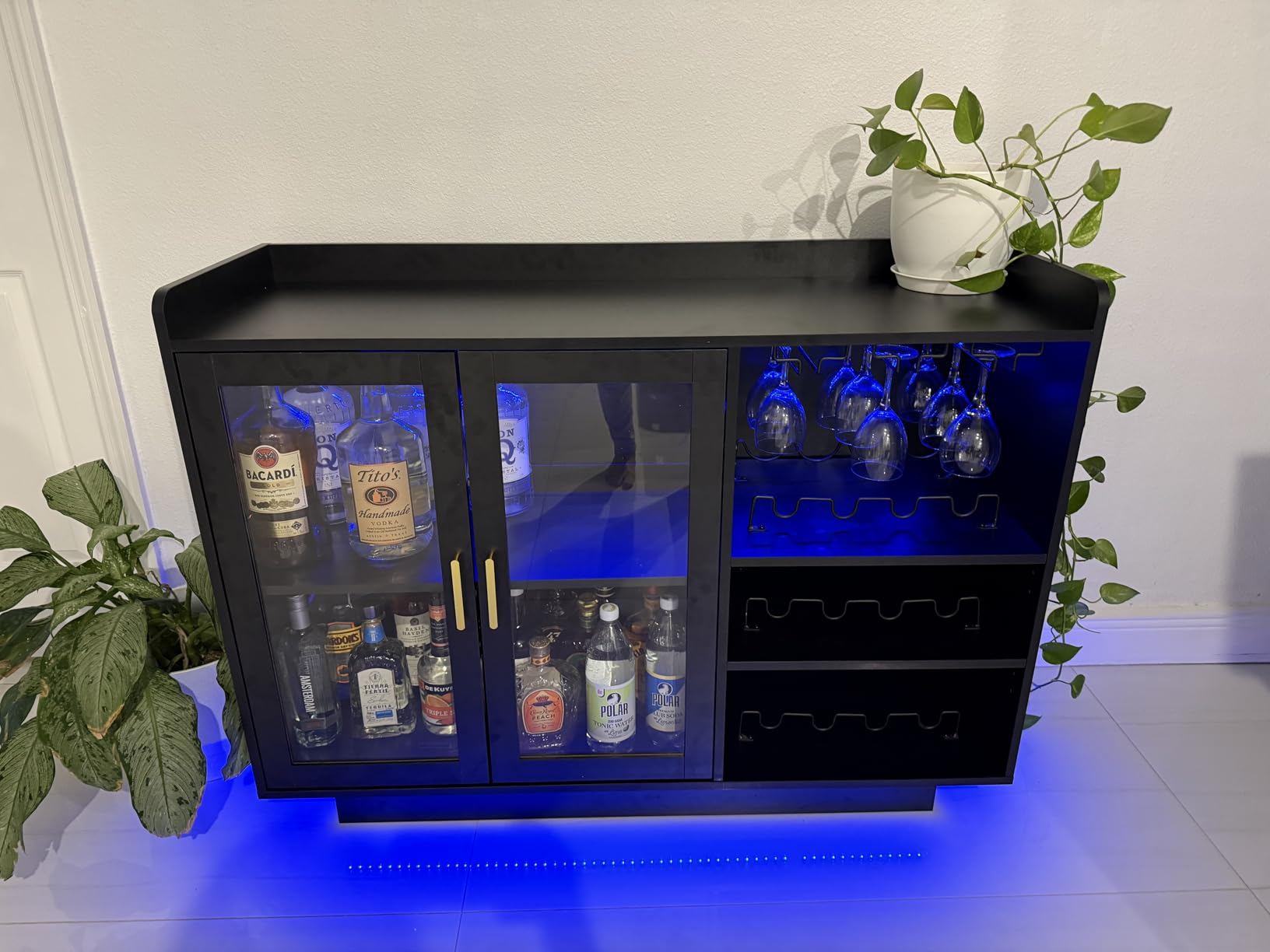 Loomie Wine Bar Cabinet with LED Lights, Floating Coffee Bar with Glass Rack and Removable Wine Racks, Modern Buffet Sideboard with Storage Shelves, Kithchen Bar with Glass Cabinet Doors, Black customer photo 2