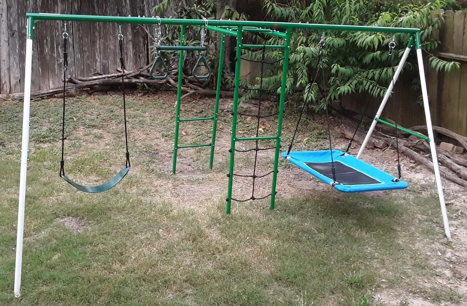 Hapfan Swing Sets for Backyard with Monkey Bars, 5 in 1 Playground Set | Monkey Bars + Belt Swing + Platform Swing + Climbing Net + Trapeze Bar, ASTM Tested | CPSC Safety Compliant (White & Green) customer photo 1