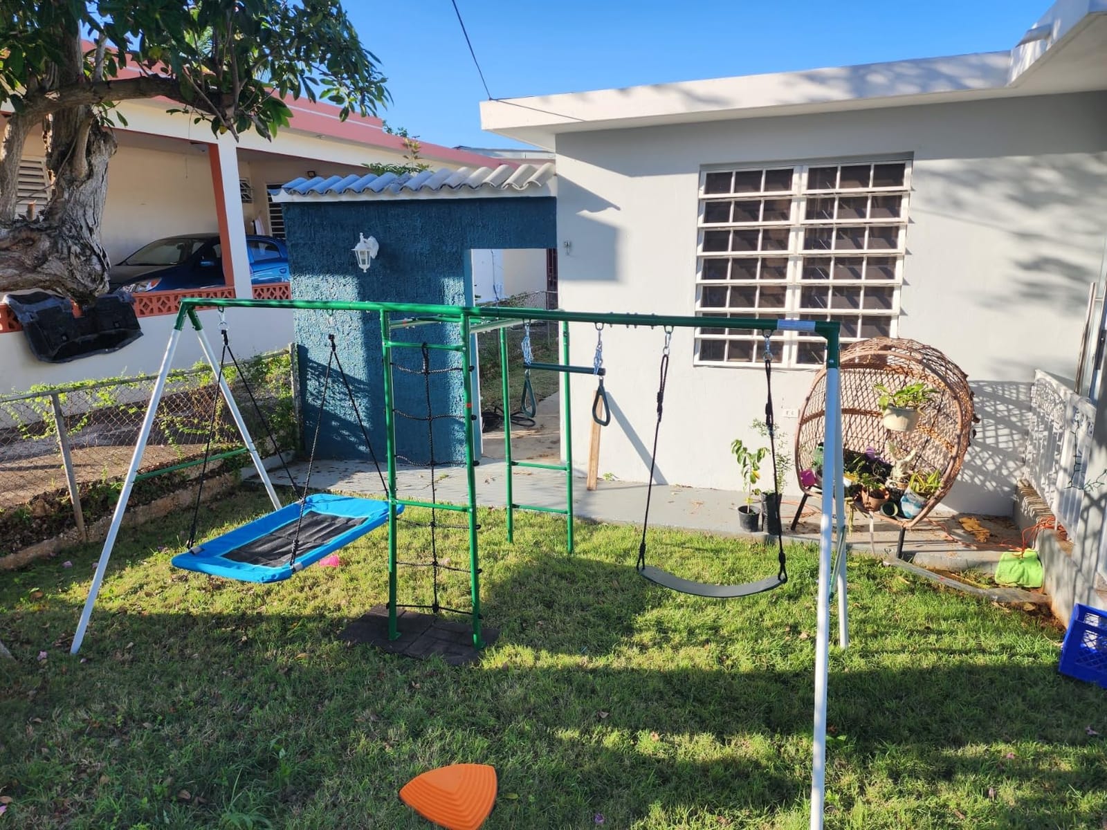 Hapfan Swing Sets for Backyard with Monkey Bars, 5 in 1 Playground Set | Monkey Bars + Belt Swing + Platform Swing + Climbing Net + Trapeze Bar, ASTM Tested | CPSC Safety Compliant (White & Green) customer photo 2
