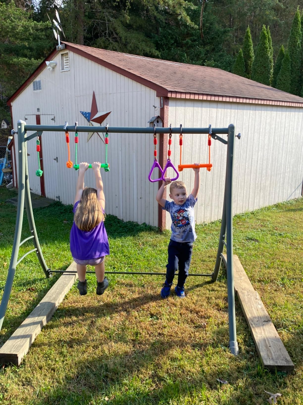 AOBOTE Ninja Warrior Obstacle Course for Kids,2x56ft Slackline with 12 Accessories,Saucer Swing with 360 Degree Rotating Wheel,Ninja Course for Kids Outside(AB010001-3) customer photo 1