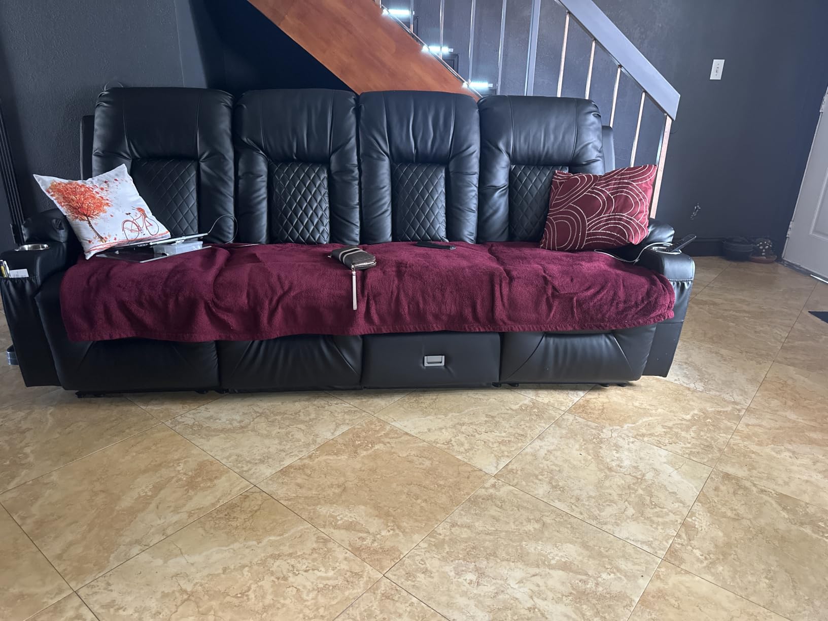 FURNIMAT Recliner Sofa, 3 Seats Dual Reclining Sofa, PU Leather Loveseat Couch, Modern Recliner Chair for Living Room, with Cup Holder and 2 Cell Phone Holder, USB Ports, Black customer photo 2