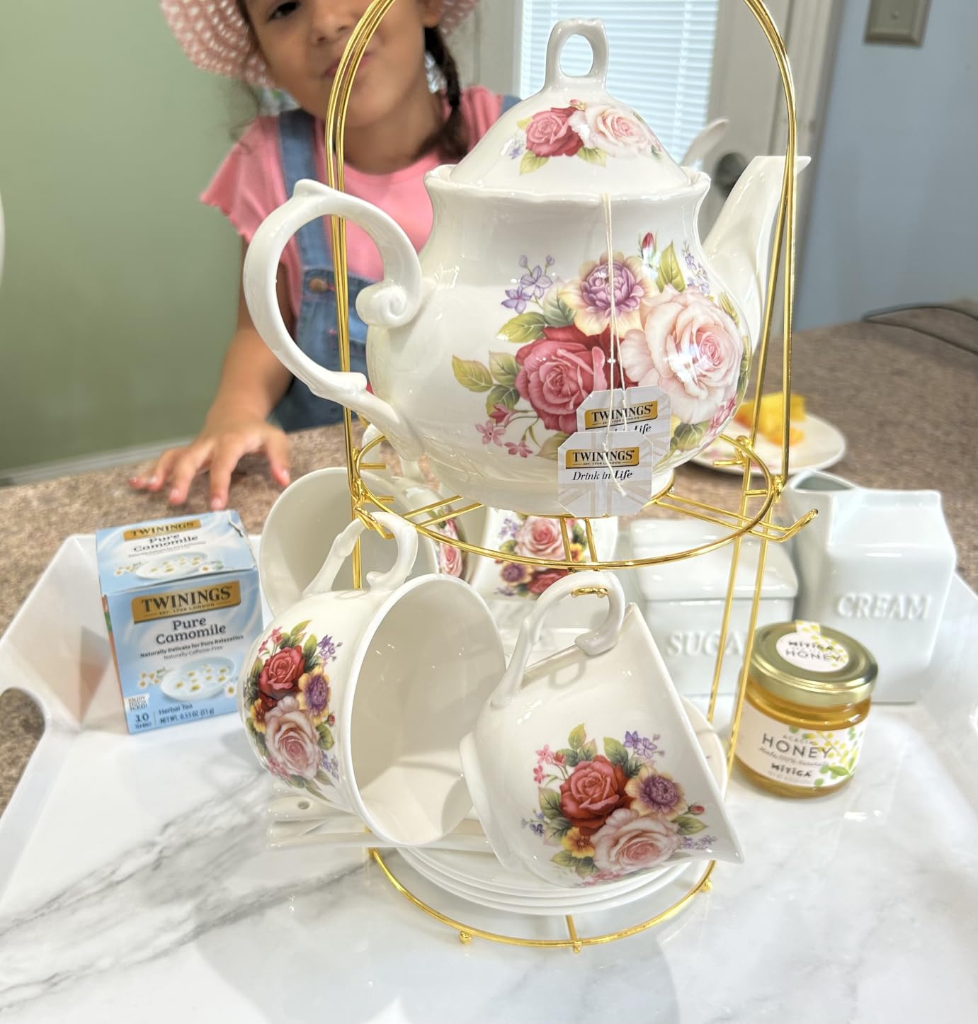 20-Pieces Porcelain Bone china Tea Sets,Gold Rim Coffee Set with Golden Metal Rack,Tea Gift Sets for Home&Party (008) customer photo 2
