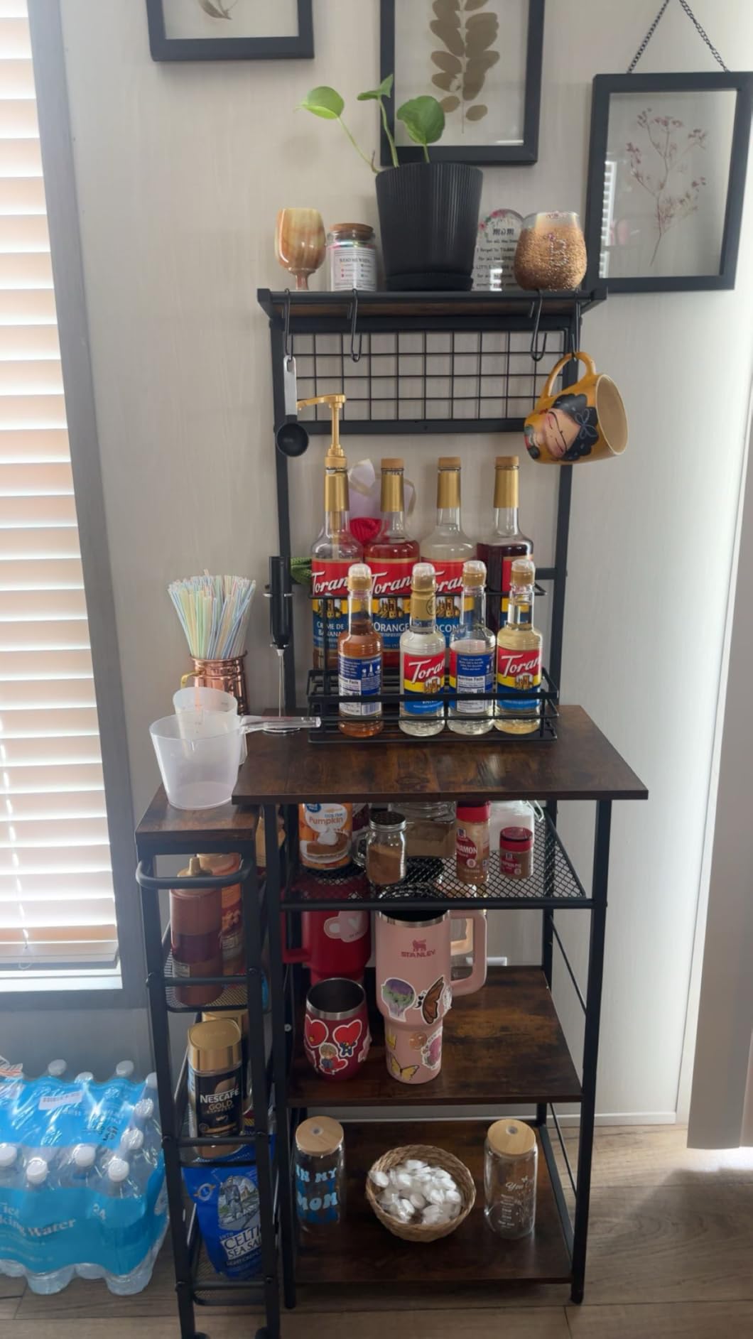 5 Tier Coffee Bar Station, Kitchen Stand with 4 S-Shaped Hooks, Farmhouse Corner Coffee Bar Cabinet for Small Spaces, Bakers Rack for Kitchen, Entryway, Living Room, 13.43