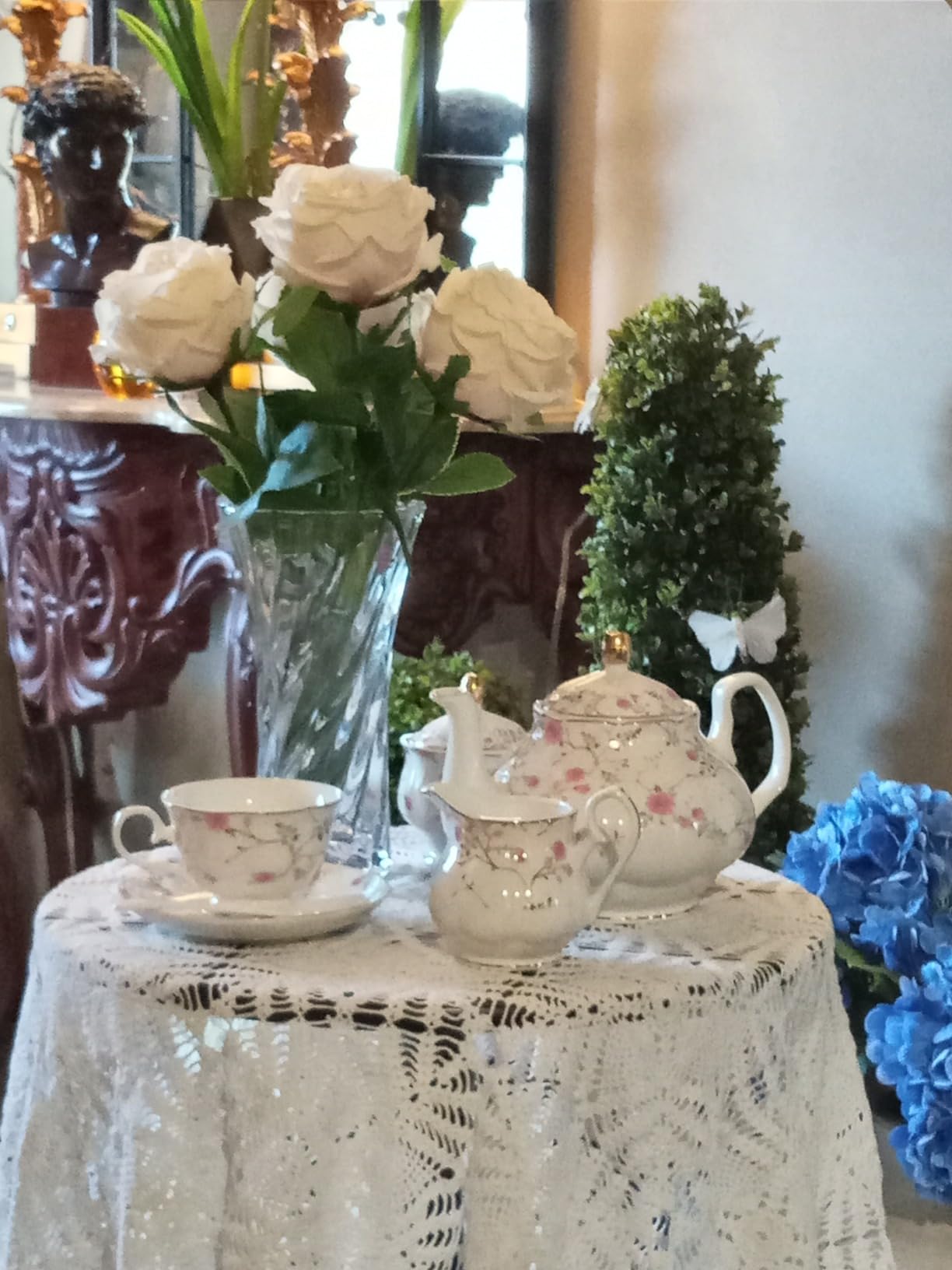 fanquare 21-Piece Blue Lace and Roses Bone China Tea Sets for Adults customer photo 2