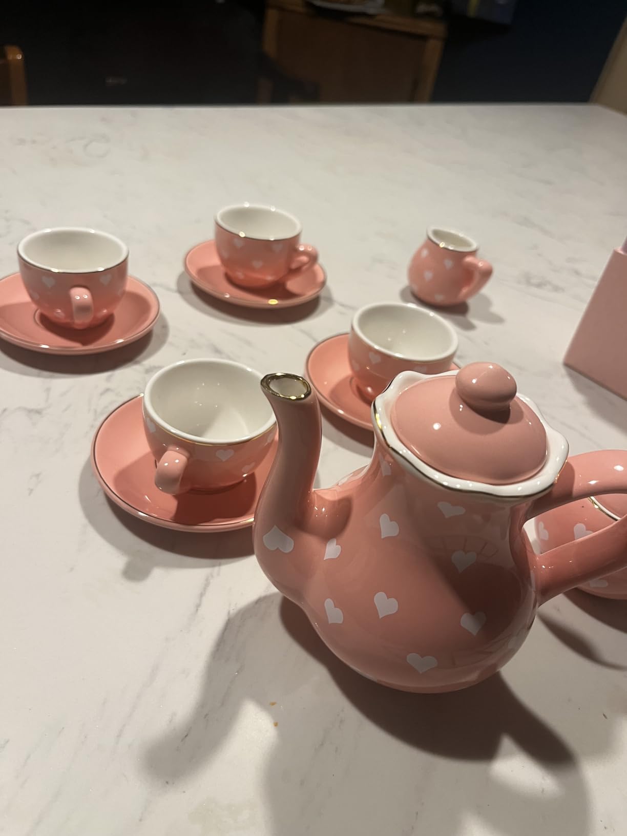 TUZT Tea Party Set for Little Girls Ages 3-8, Pink Heart Porcelain Tea Set with Gold Trim Edges, Princess Tea Time Toy Includes Pot & Cups & Saucers & Suitcase, Birthday Gifts for Toddlers Girls customer photo 2