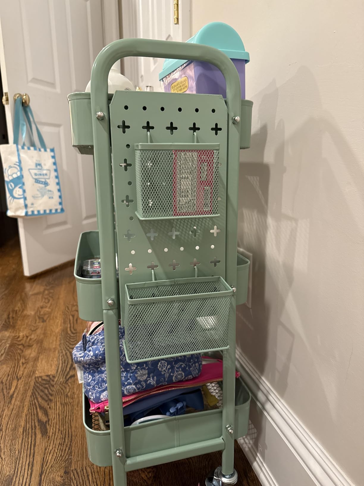 ALVOROG 3 Tier Metal Rolling Utility Cart with Pegboards,Baskets,Hook,Khaki customer photo 1