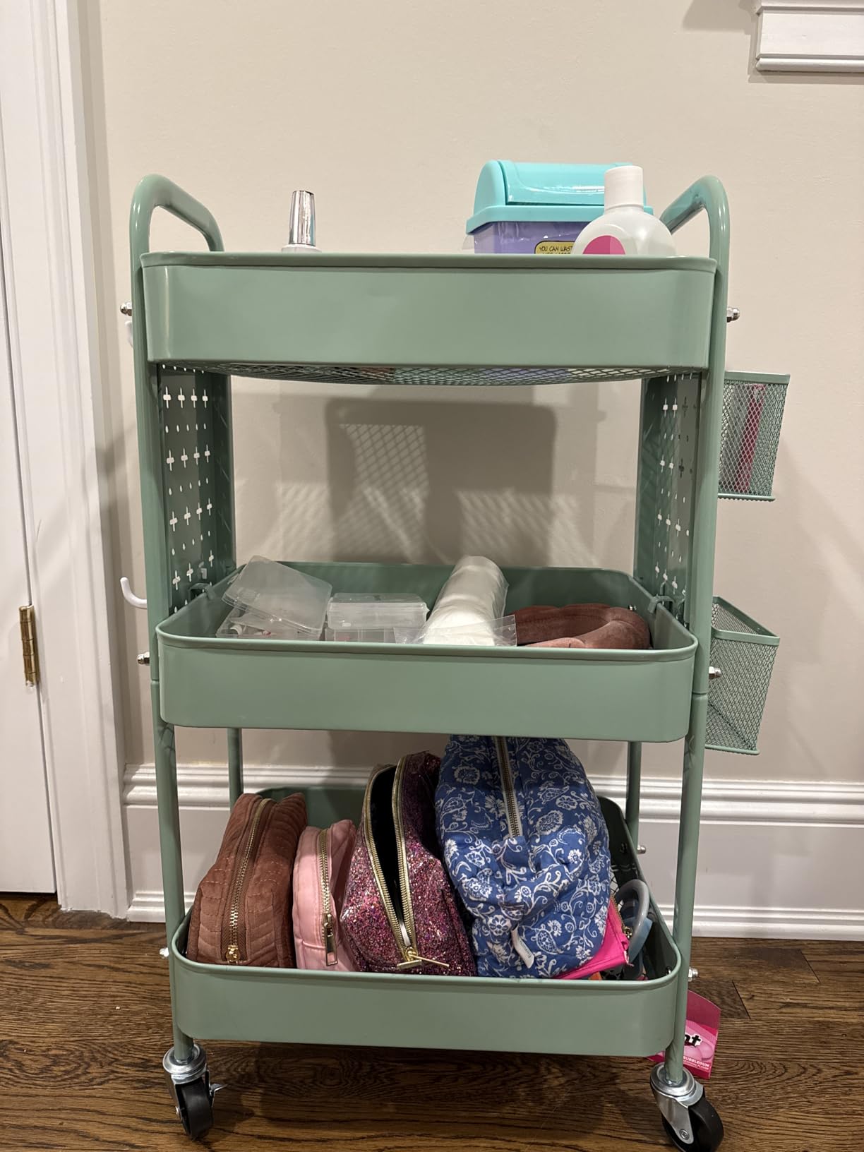 ALVOROG 3 Tier Metal Rolling Utility Cart with Pegboards,Baskets,Hook,Khaki customer photo 2