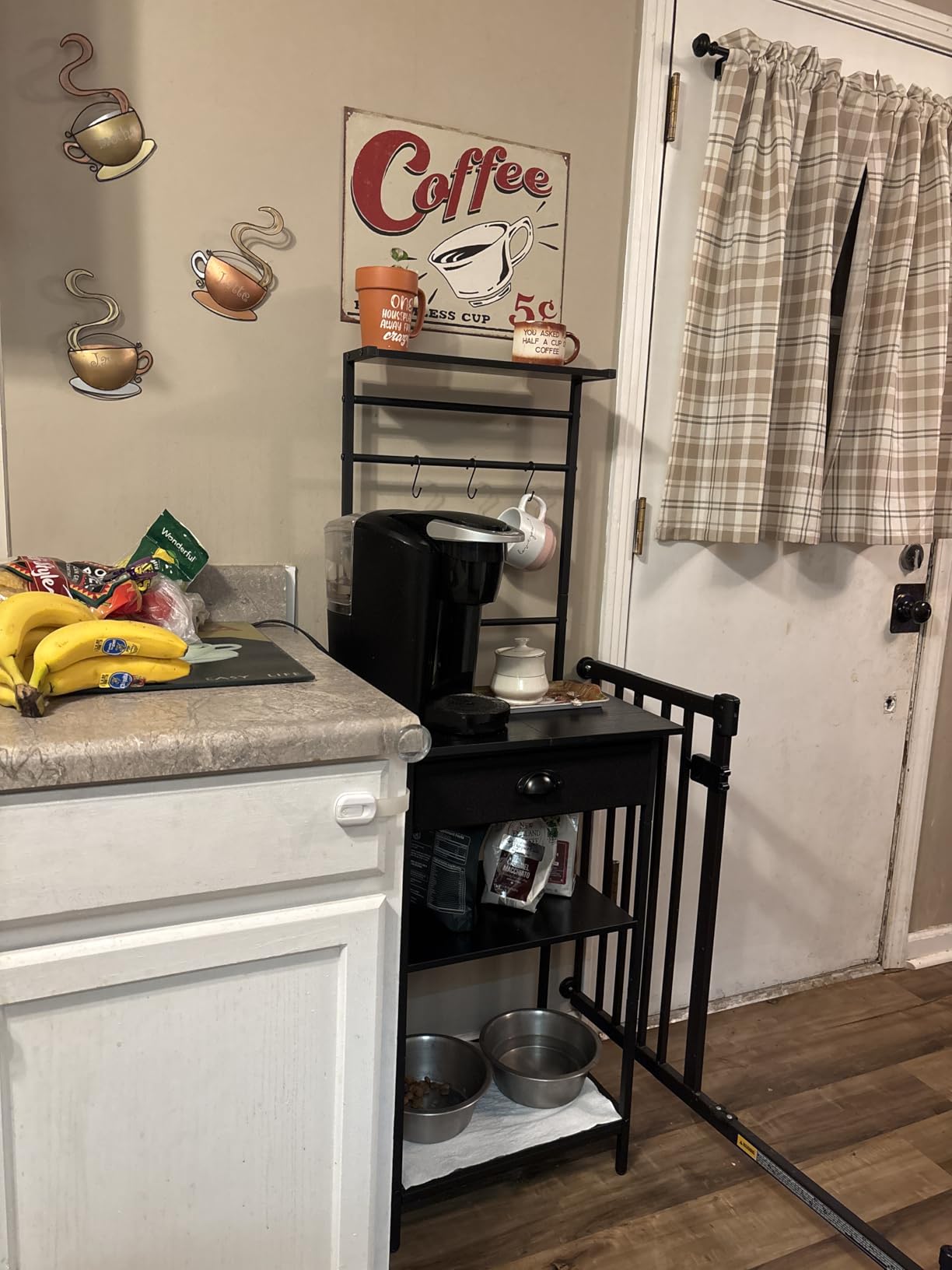 YMYNY 5 Tier Coffee Bar Station, Coffee Stand with Fabric Drawers, 8 S-Shaped Hooks, Corner Bar Cabinet, Height Adjustable, Bakers Rack for Kitchen, Living Room, Rustic Brown HBR009H customer photo 1