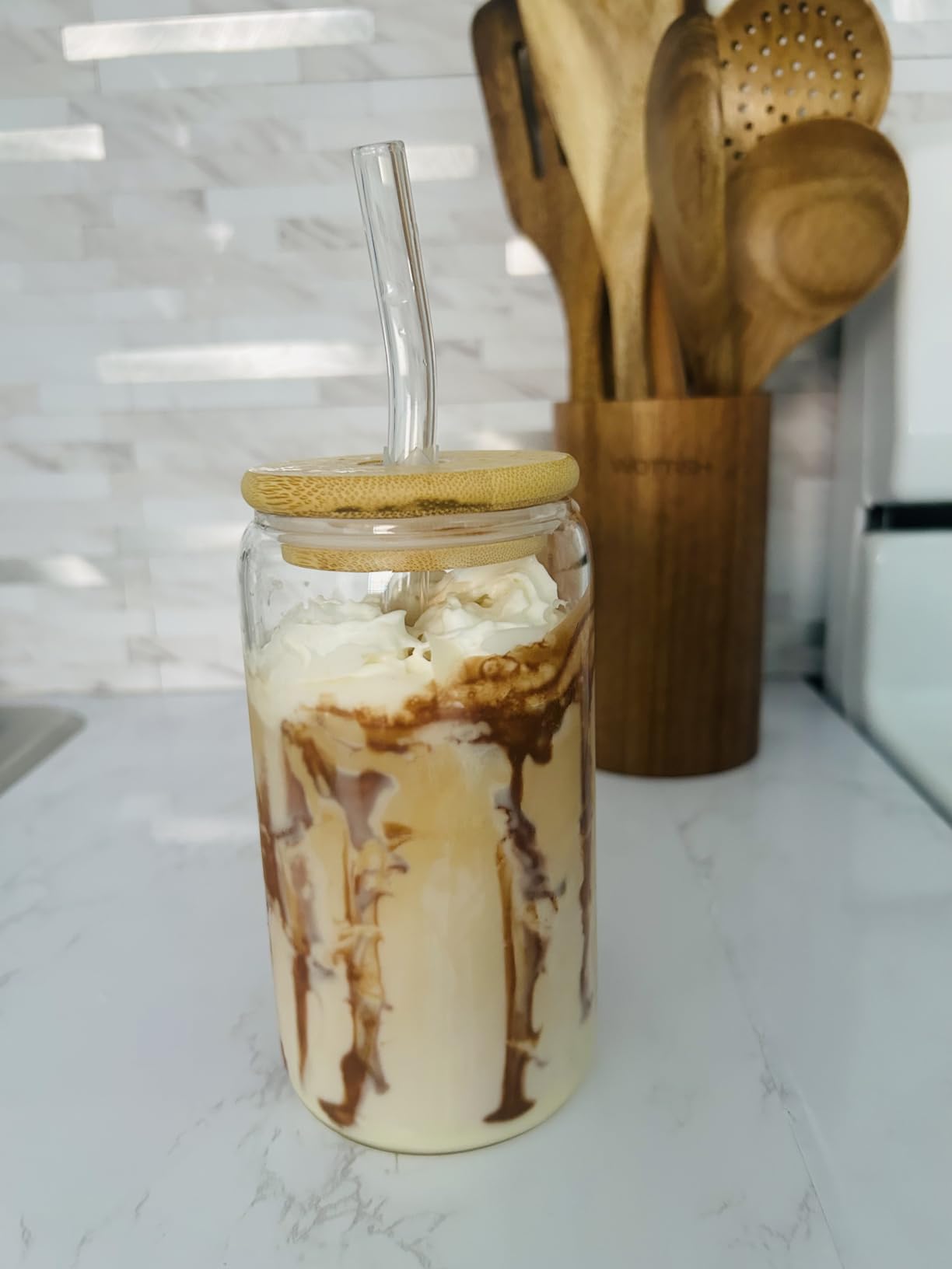 16 oz Iced Coffee Cups with Lids and Straws,2 Pcs Glass Cups Set Reusable customer photo 2