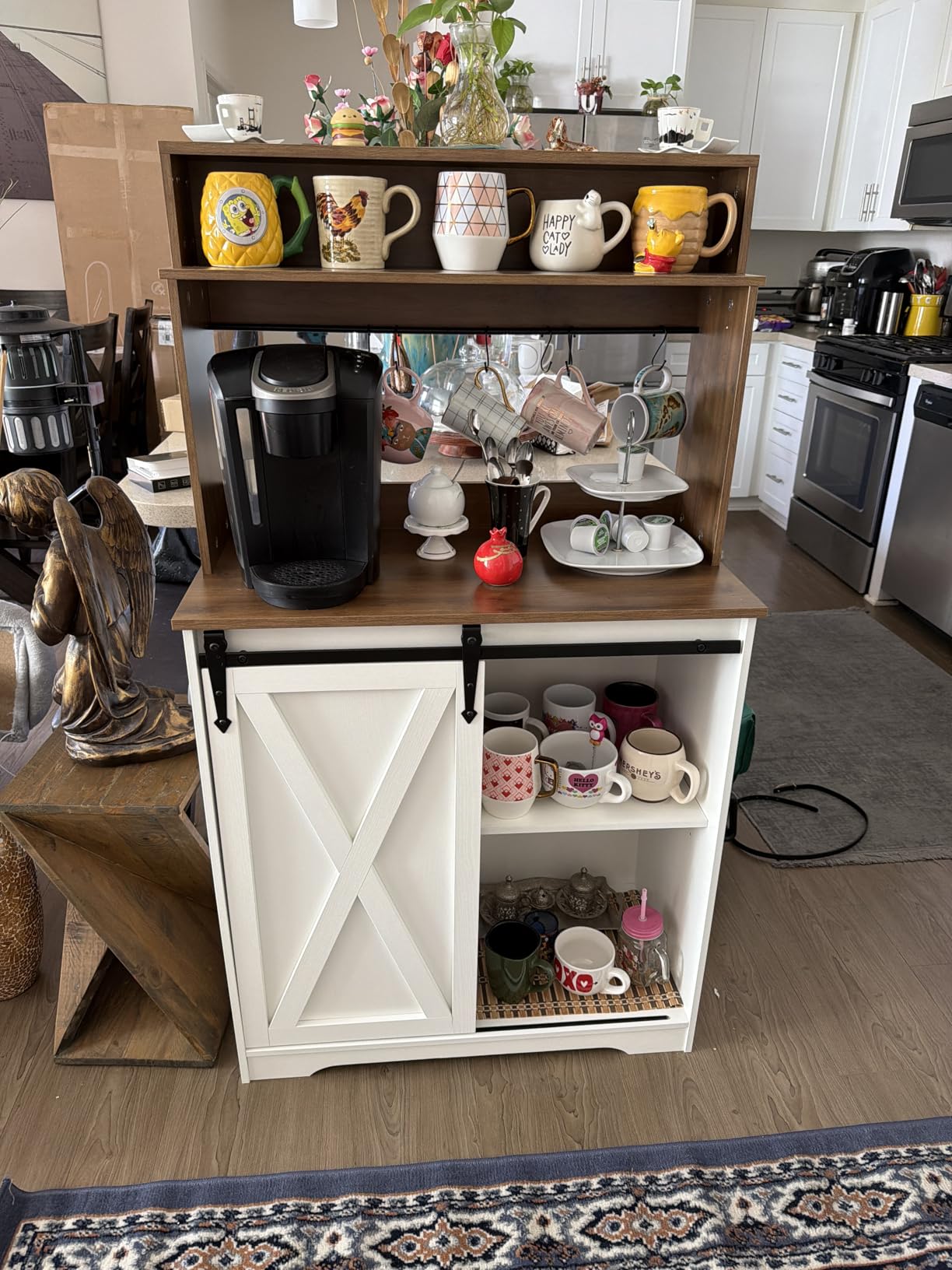 BestHaped 55'' Farmhouse Coffee Bar Cabinet with 3 Tier Storage Hutch, Coffee Bar Station with Sliding Barn Door, Hutch Storage Cabinet with 12 Wine Racks & 9 Hooks for Kitchen Dining Living Room customer photo 1