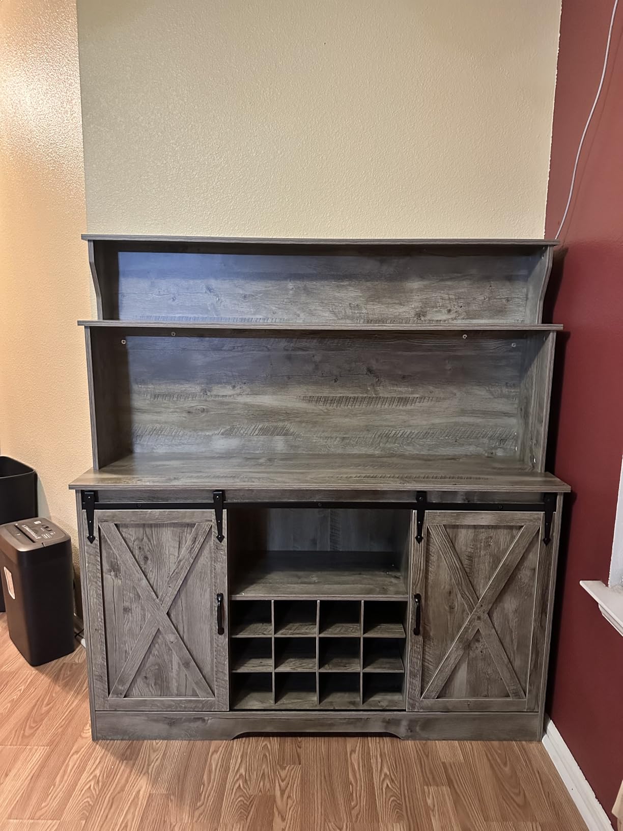 BestHaped 55'' Farmhouse Coffee Bar Cabinet with 3 Tier Storage Hutch, Coffee Bar Station with Sliding Barn Door, Hutch Storage Cabinet with 12 Wine Racks & 9 Hooks for Kitchen Dining Living Room customer photo 2