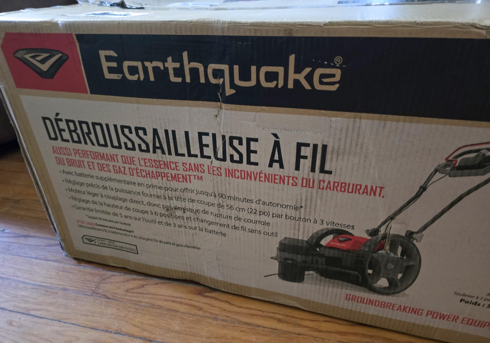 Earthquake 60V Walk Behind String Mower, Includes Two 4Ah Batteries, 22” Cutting Diameter, Three Cutting Speed Dial, 14” Never-Go-Flat Wheels, Easy Assembly, Adjustable Handlebar, Model #44965 customer photo 2
