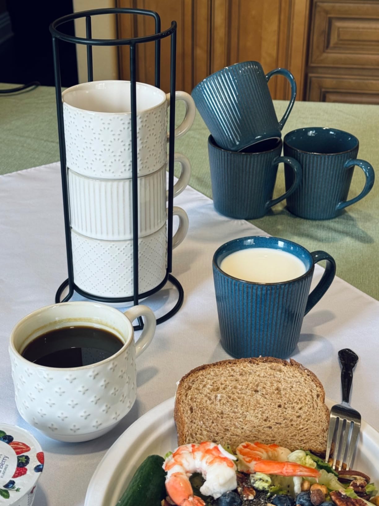 Large Ceramic Coffee Mug Set of 4 with Stand, 15 Oz Stackable Different Embossment Ribbed Latte Cup Set for Cappuccino, Tea, Hot Cocoa, Drinks - Dishwasher & Microwave Safe, Aged Ivory customer photo 1