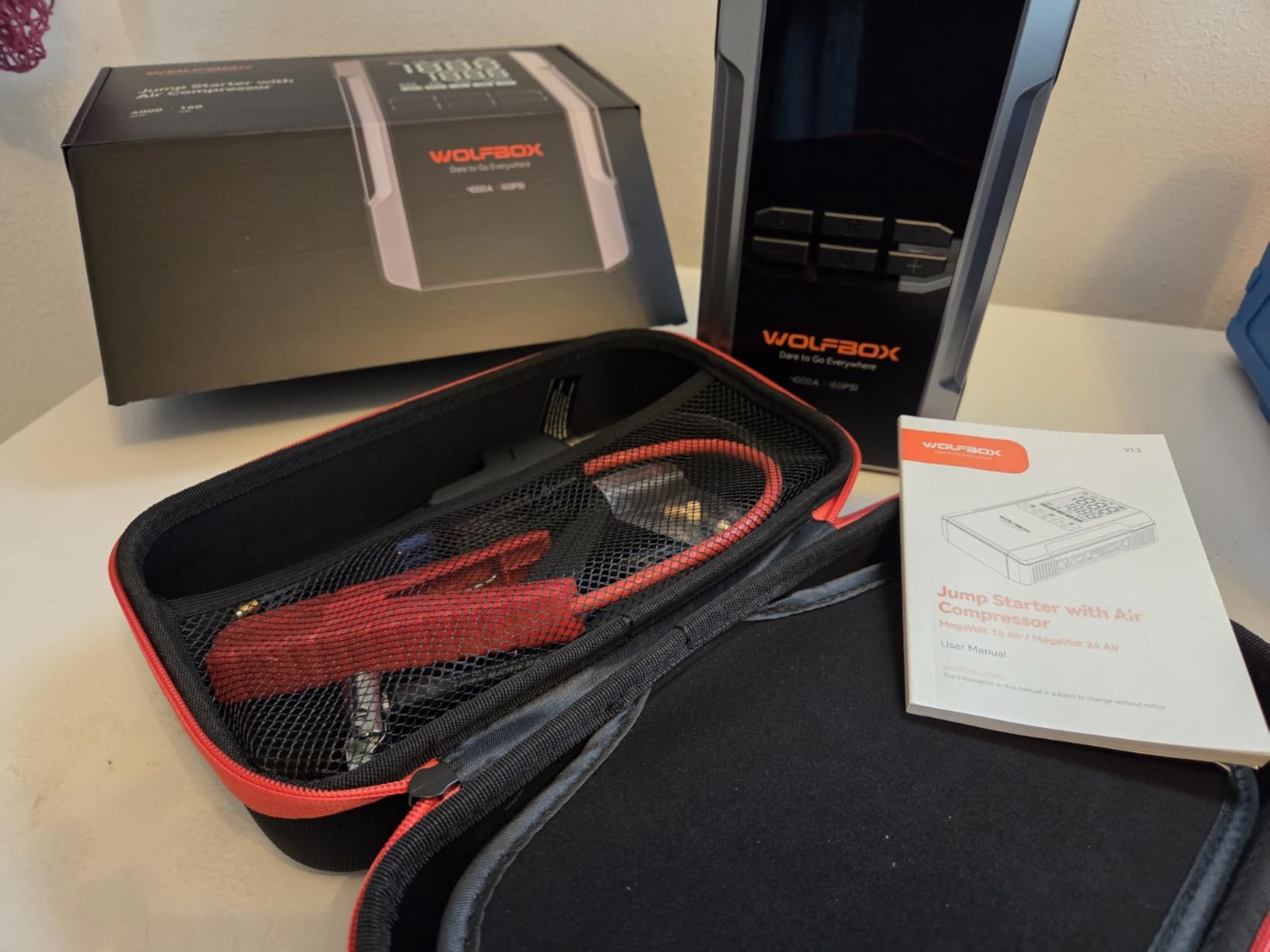 WOLFBOX MV24A 4000A Jump Starter with 160PSI Air Compressor, 12V Car Battery Booster, 88.8Wh Portable Jump Box (10L Gas/10L Diesel) with 65W Fast Charging, Tire Inflator, Jumper Cables, LED Light customer photo 1