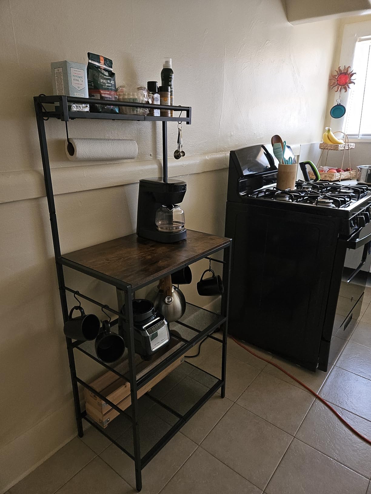 MAHANCRIS Bakers Rack with Storage, Microwave Stand with Paper Holder, Bakers Rack with Power Outlet, Coffee Bar Station with 6 Hooks, for Kitchen, Dining Room, Black BRBK36E01 customer photo 1