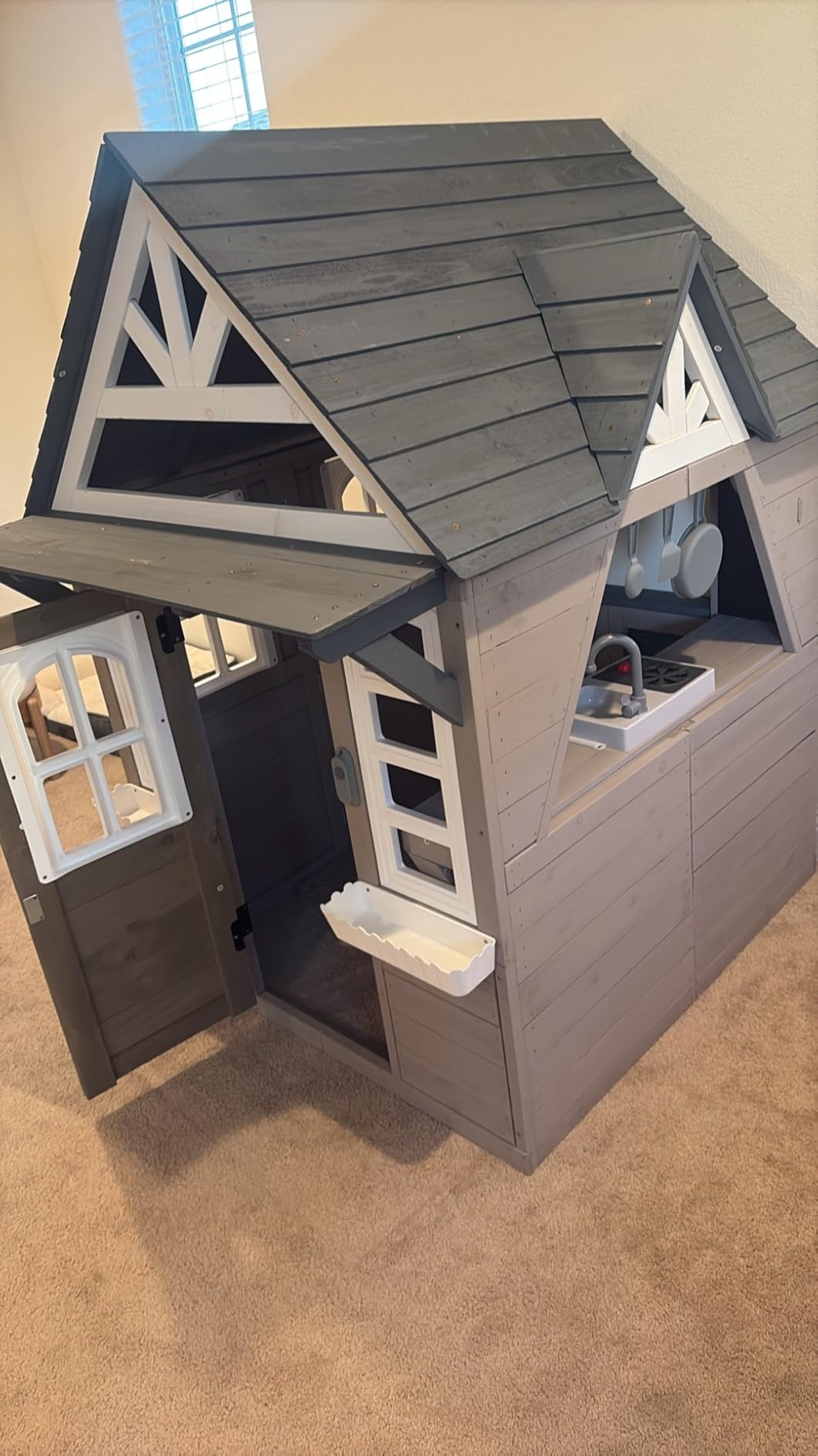 Seizeen Outdoor Play House for Kids, Fir Wooden Kids Playhouse Outdoor Indoor Cottage Toddler Playhouse with Kitchen, Dutch Door, Bench, Flowerpot Holders, Working Doorbell, Pet Hole, Clock (Brown) customer photo 1