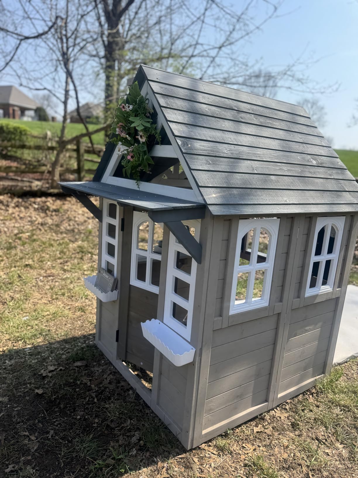 Seizeen Outdoor Play House for Kids, Fir Wooden Kids Playhouse Outdoor Indoor Cottage Toddler Playhouse with Kitchen, Dutch Door, Bench, Flowerpot Holders, Working Doorbell, Pet Hole, Clock (Brown) customer photo 2