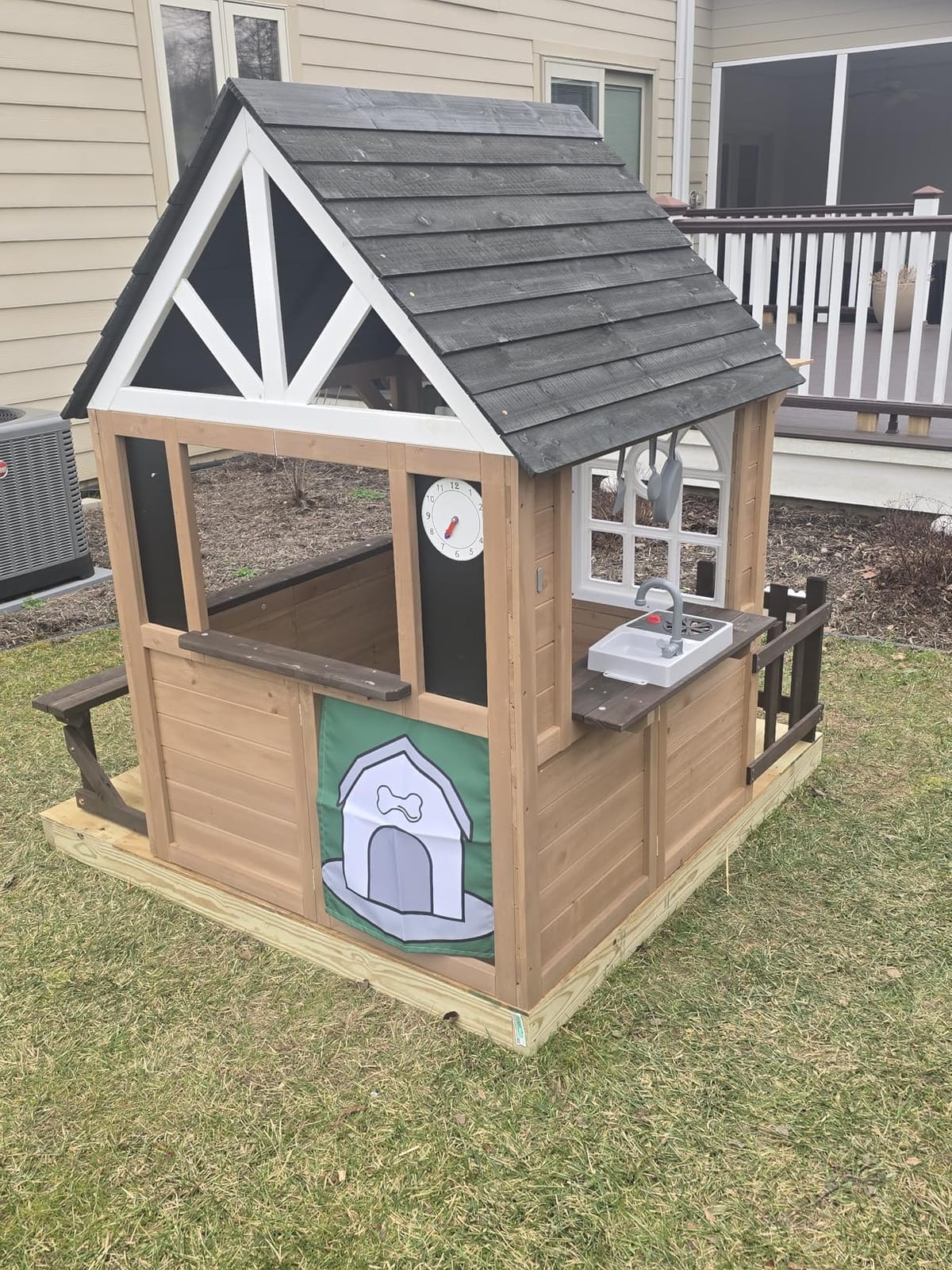 Kids Playhouse Outdoor,Cedar Gray Wooden Play House for Kids Ages 3-8,Interactive Doorbell, Kitchen Counter with Utensils, Sink, Window Boxes for Flowers (Brown) customer photo 1