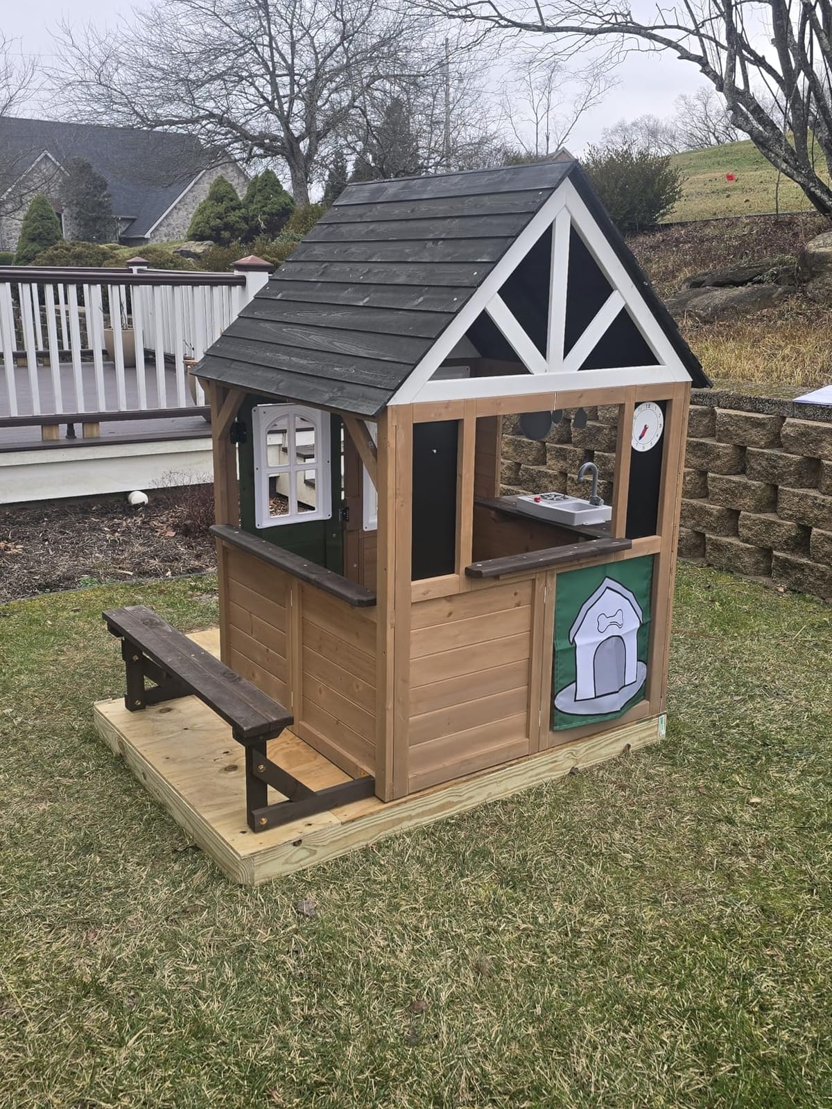Kids Playhouse Outdoor,Cedar Gray Wooden Play House for Kids Ages 3-8,Interactive Doorbell, Kitchen Counter with Utensils, Sink, Window Boxes for Flowers (Brown) customer photo 2