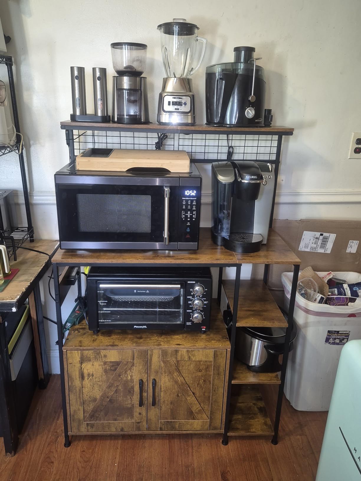 TVU Bakers Rack with Power Outlet and LED Light, Microwave Stand with Storage Cabinet, Coffee Bar Cabinet Station with 6 Hooks for Kitchen, Dining Room, Living Room, Coffee Bar, Rustic Brown, Black customer photo 1