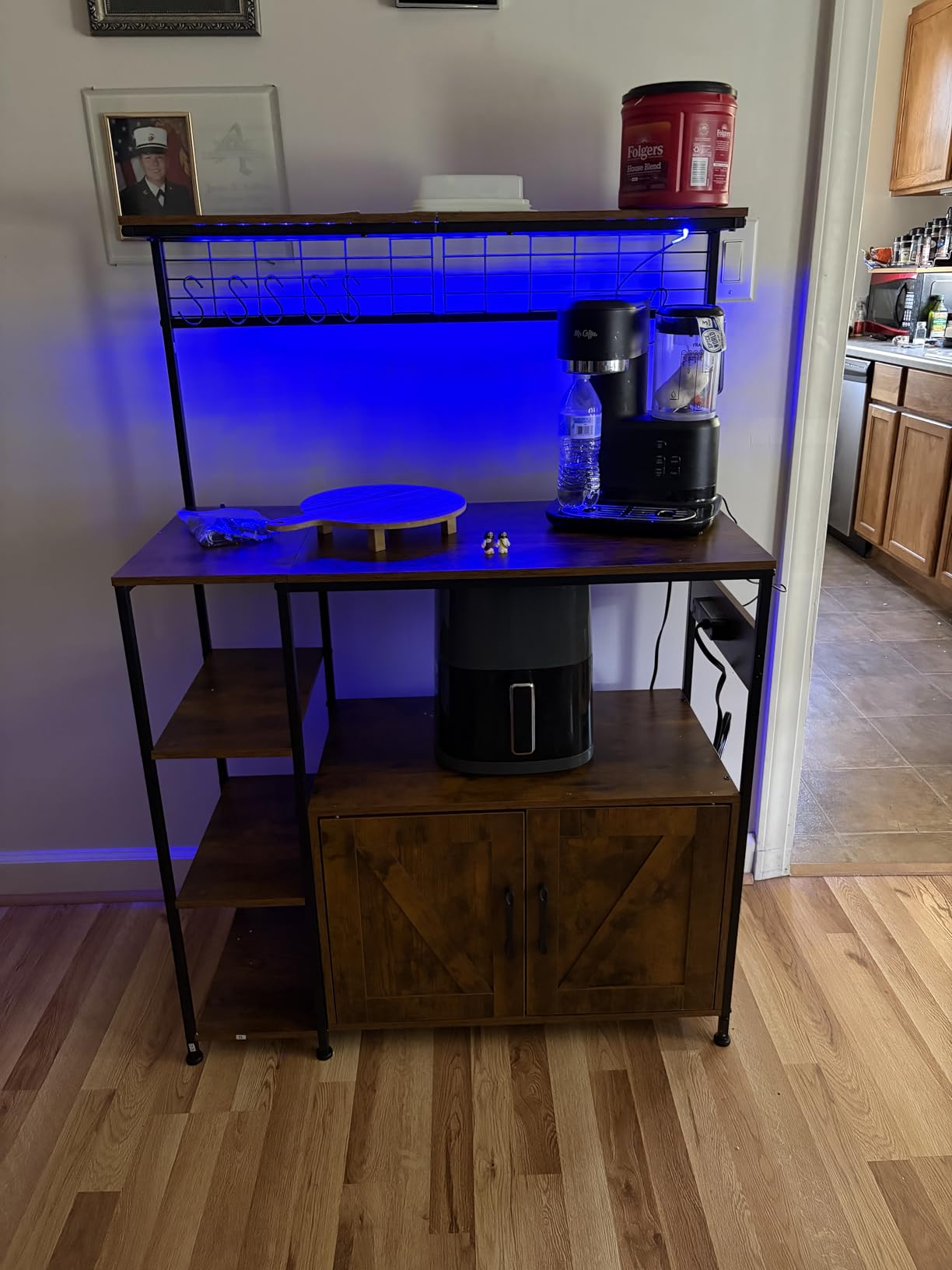 TVU Bakers Rack with Power Outlet and LED Light, Microwave Stand with Storage Cabinet, Coffee Bar Cabinet Station with 6 Hooks for Kitchen, Dining Room, Living Room, Coffee Bar, Rustic Brown, Black customer photo 2
