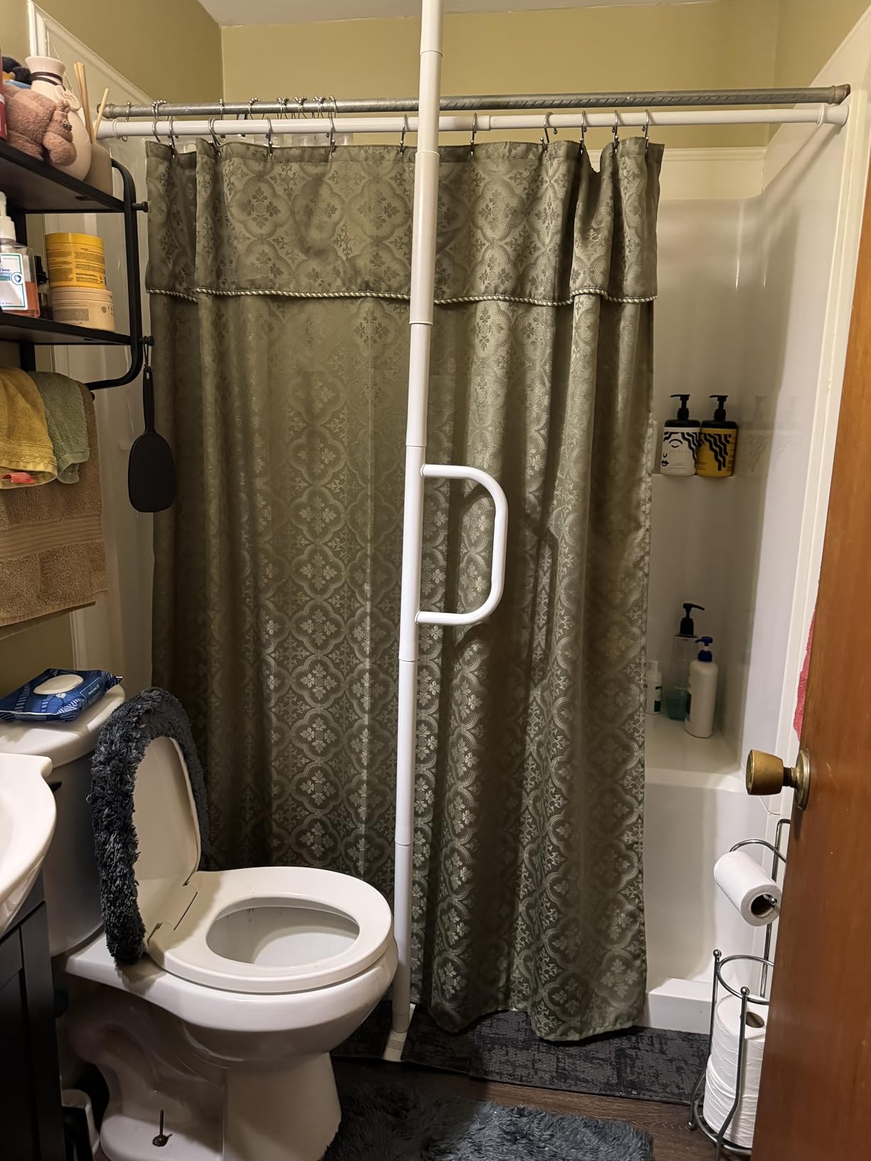 Stander Single Handle Non-Rotating Floor to Ceiling Grab Bar, No-Drill Tension Mounted Transfer Pole for Seniors, Bath Safety & Bedside Assist Rail for Home Standing Support & Fall Prevention, White customer photo 1