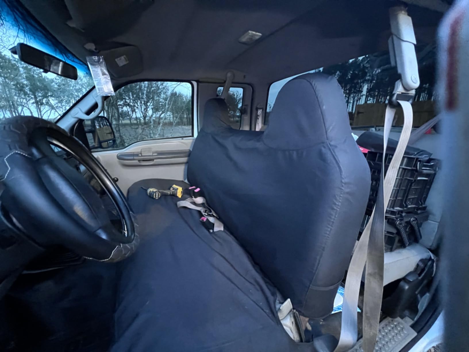 Caterpillar Custom Fit Front Bench Seat Cover with Utility Pockets for Ford F250 / F350 / F450 / F550 (1999-2007) - Durable Black Oxford Super Duty Interior Truck Seat Cover customer photo 1