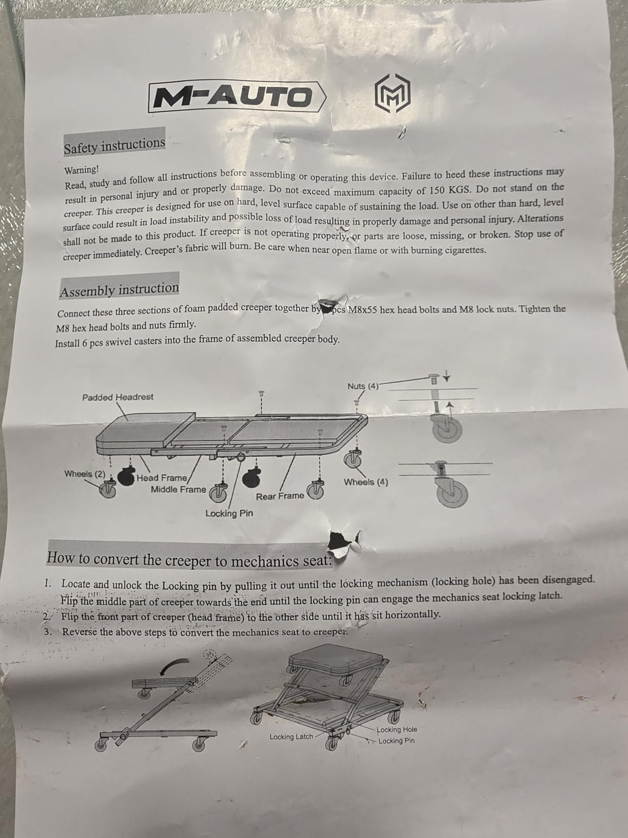 M-AUTO Heavy-Duty Convertible Mechanic Creeper, Z-Creeper 2-in-1 Creeper and Seat 48