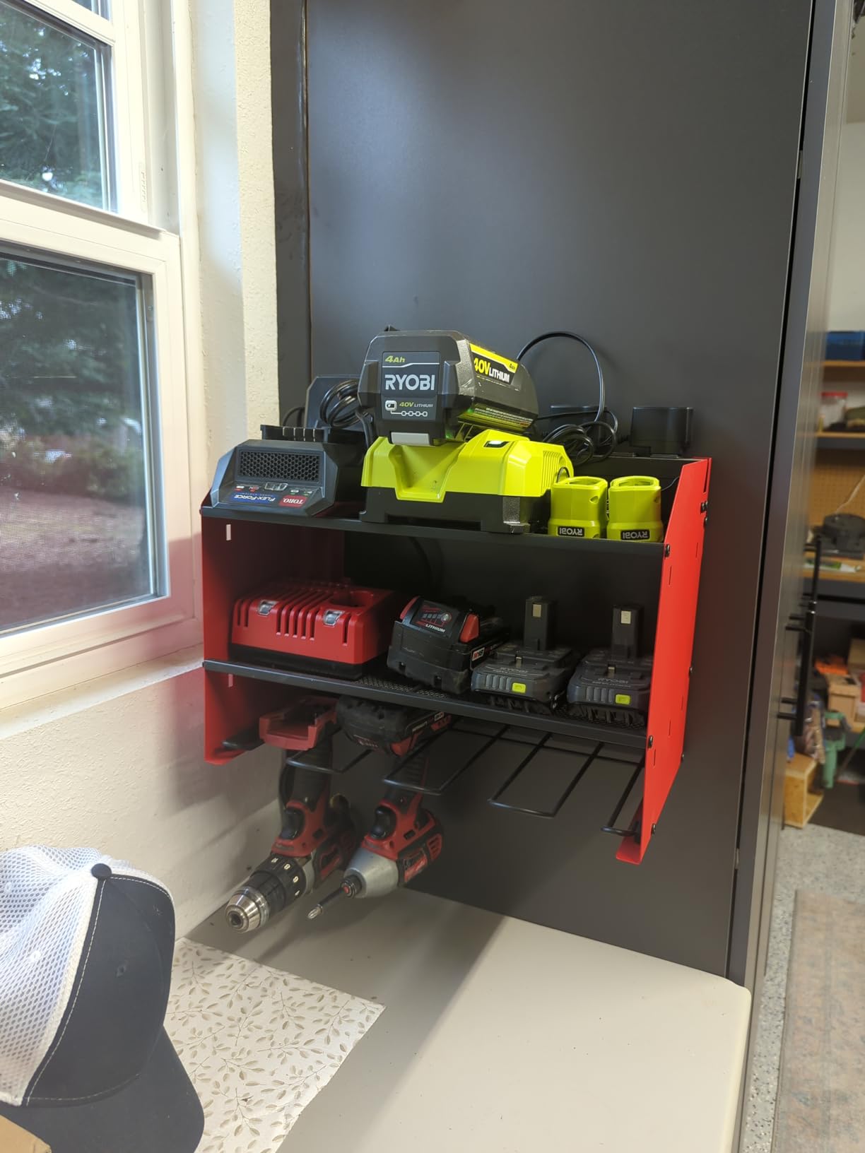CCCEI Modular Power Tool Organizer Wall Mount Charging Station, Black 6 Drills Holder with 8 Plug Power Strip, Garage Drill Battery Heavy Duty Metal Shelf, Utility Rack with Hooks, Side Storage. customer photo 1