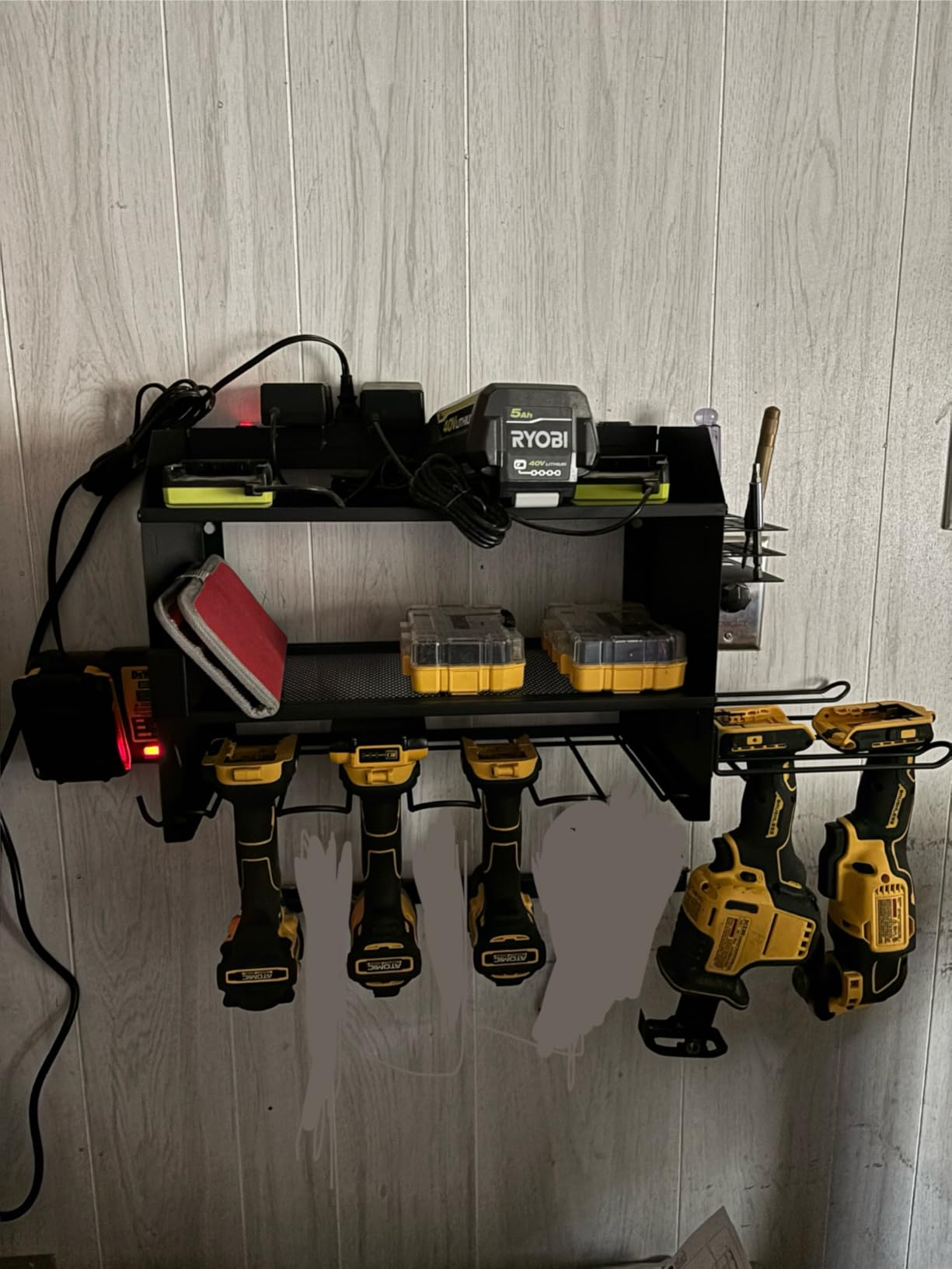 CCCEI Modular Power Tool Organizer Wall Mount Charging Station, Black 6 Drills Holder with 8 Plug Power Strip, Garage Drill Battery Heavy Duty Metal Shelf, Utility Rack with Hooks, Side Storage. customer photo 2