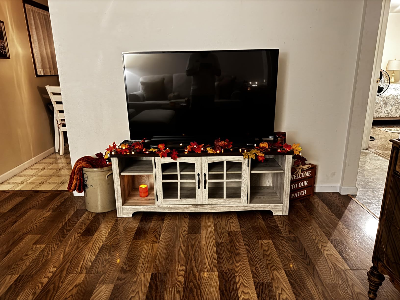 LINSY HOME TV Stand for 75 Inch TV, Modern Farmhouse Entertainment Center with Storage Cabinets and Glass Doors, Tall Media Console Table for Living Room, Bedroom, Large Long Television Stand, Beige customer photo 2